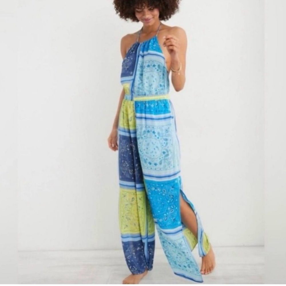 Aerie Pool to Party Blue & Lime Patchwork Halter Jumpsuit